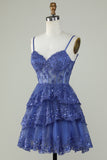 Śliczne paski spaghetti z linii ciemnoniebieski błyszczący gorset Homecoming Dress
