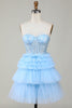 Załaduj obraz do przeglądarki galerii, Śliczna Tiulowa Niebieska Krótka Sukienki Koktajlowe z Gorsetem