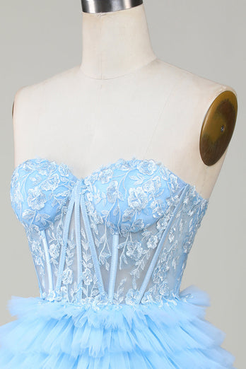 Śliczna Tiulowa Niebieska Krótka Sukienki Koktajlowe z Gorsetem
