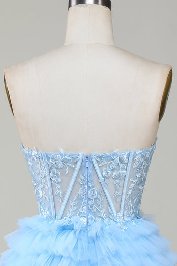 Śliczna Tiulowa Niebieska Krótka Sukienki Koktajlowe z Gorsetem