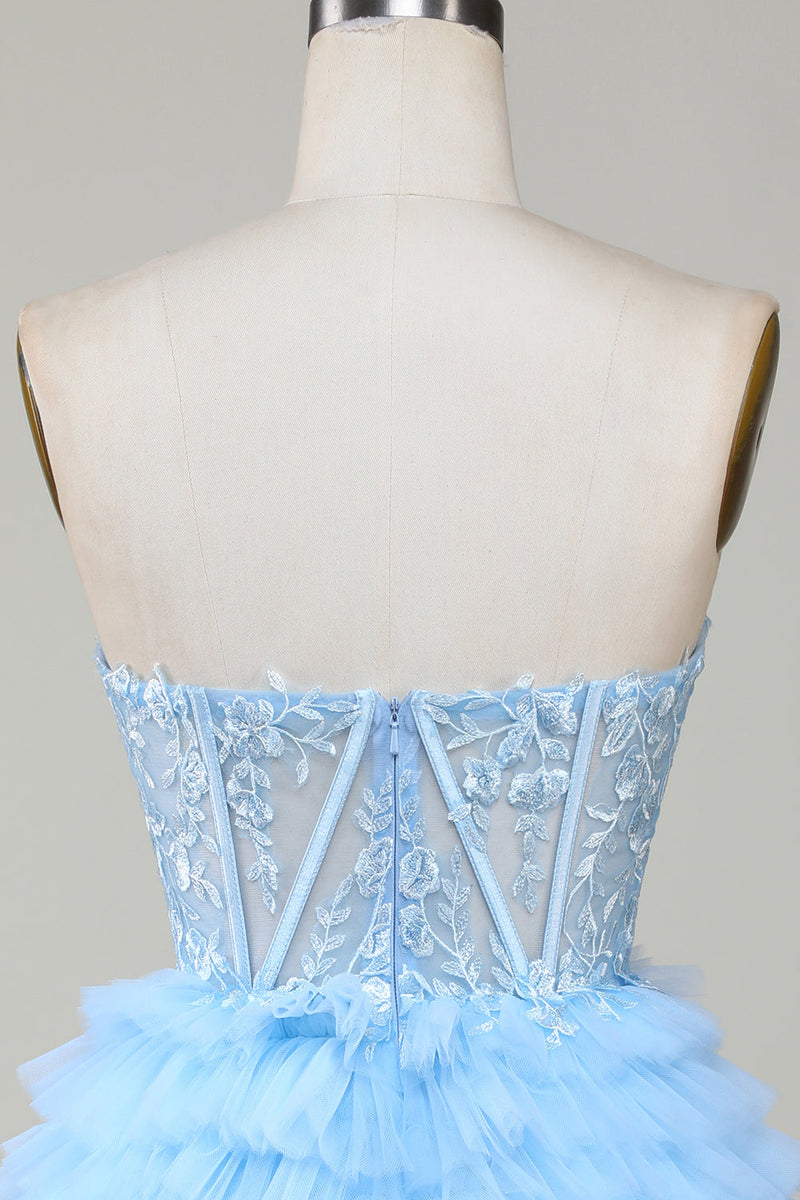 Załaduj obraz do przeglądarki galerii, Śliczna Tiulowa Niebieska Krótka Sukienki Koktajlowe z Gorsetem