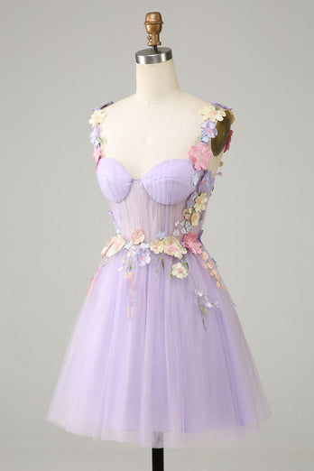 Fioletowe paski spaghetti Tiulowa sukienka Homecoming z kwiatami 3D