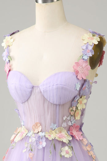 Fioletowe paski spaghetti Tiulowa sukienka Homecoming z kwiatami 3D