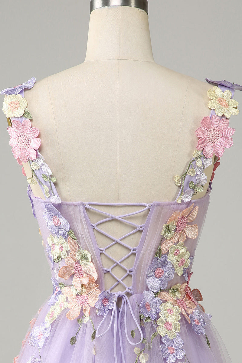 Załaduj obraz do przeglądarki galerii, Fioletowe paski spaghetti Tiulowa sukienka Homecoming z kwiatami 3D