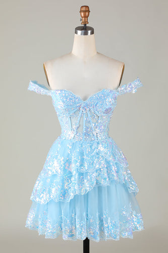 Błyszczący niebieski gorset Warstwowa koronkowa sukienka A-Line