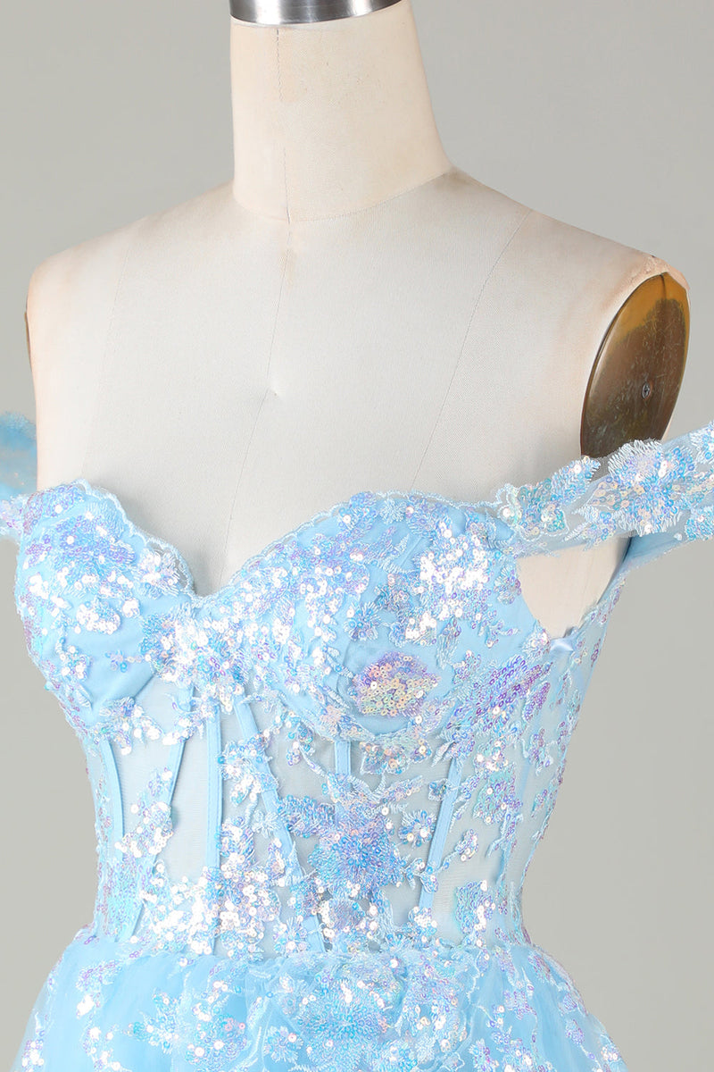 Załaduj obraz do przeglądarki galerii, Błyszczący niebieski gorset Warstwowa koronkowa sukienka A-Line