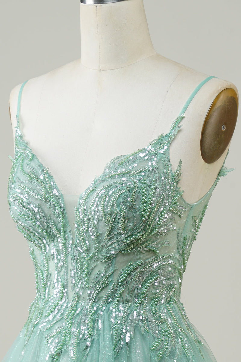 Załaduj obraz do przeglądarki galerii, Zielona A Line Urocza sukienka Homecoming z koralikami