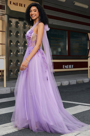 Wspaniała linia A Line Halter Neck Szara fioletowa gorsetowa sukienka na studniówkę z aplikacjami