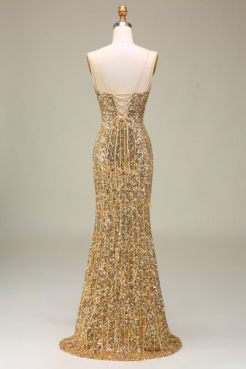 Załaduj obraz do przeglądarki galerii, Błyszcząca Syrena Złota Długa Sukienka Na Studniówkę Z Rozcięciem