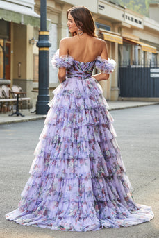 Wspaniała długa sukienka na studniówkę z linią A Off the Shoulder Lavender Print Z Falbankami