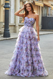 Wspaniała długa sukienka na studniówkę z linią A Off the Shoulder Lavender Print Z Falbankami