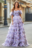 Wspaniała długa sukienka na studniówkę z linią A Off the Shoulder Lavender Print Z Falbankami