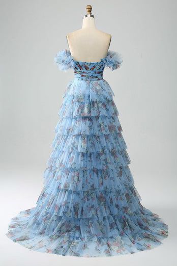Wspaniała długa sukienka na studniówkę z linią A Off the Shoulder Lavender Print Z Falbankami