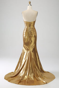 Długa sukienka na studniówkę bez ramiączek Golden Mermaid z rozcięciem