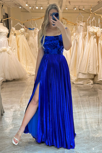 Królewska Niebieska Długa Lustrzana Sukienka Na Studniówkę Z Rozcięciem