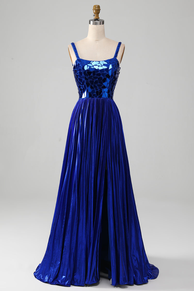 Załaduj obraz do przeglądarki galerii, Błyszcząca Królewska Niebieska Sukienki Na Studniówke Z Rozcięciem