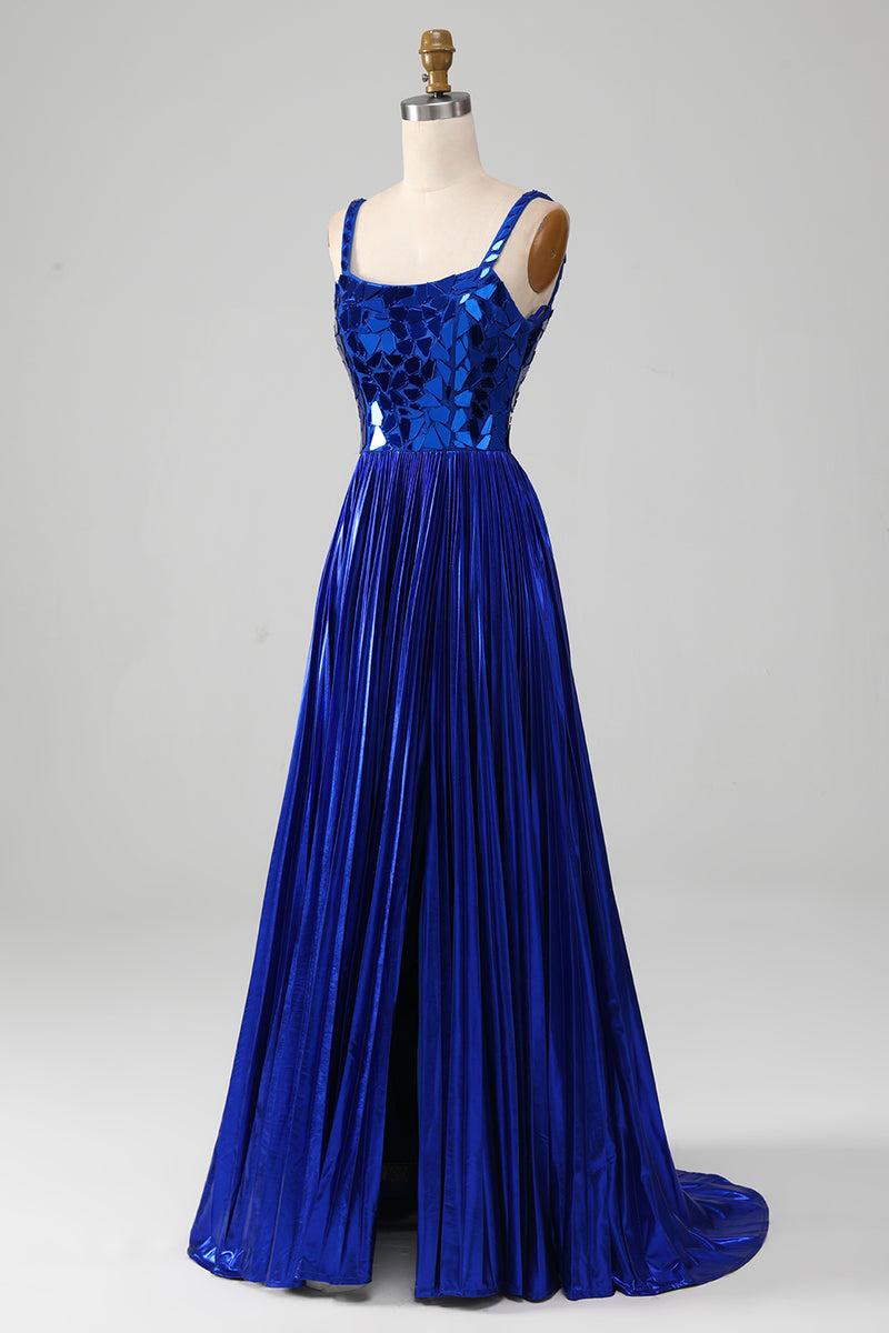 Załaduj obraz do przeglądarki galerii, Błyszcząca Królewska Niebieska Sukienki Na Studniówke Z Rozcięciem