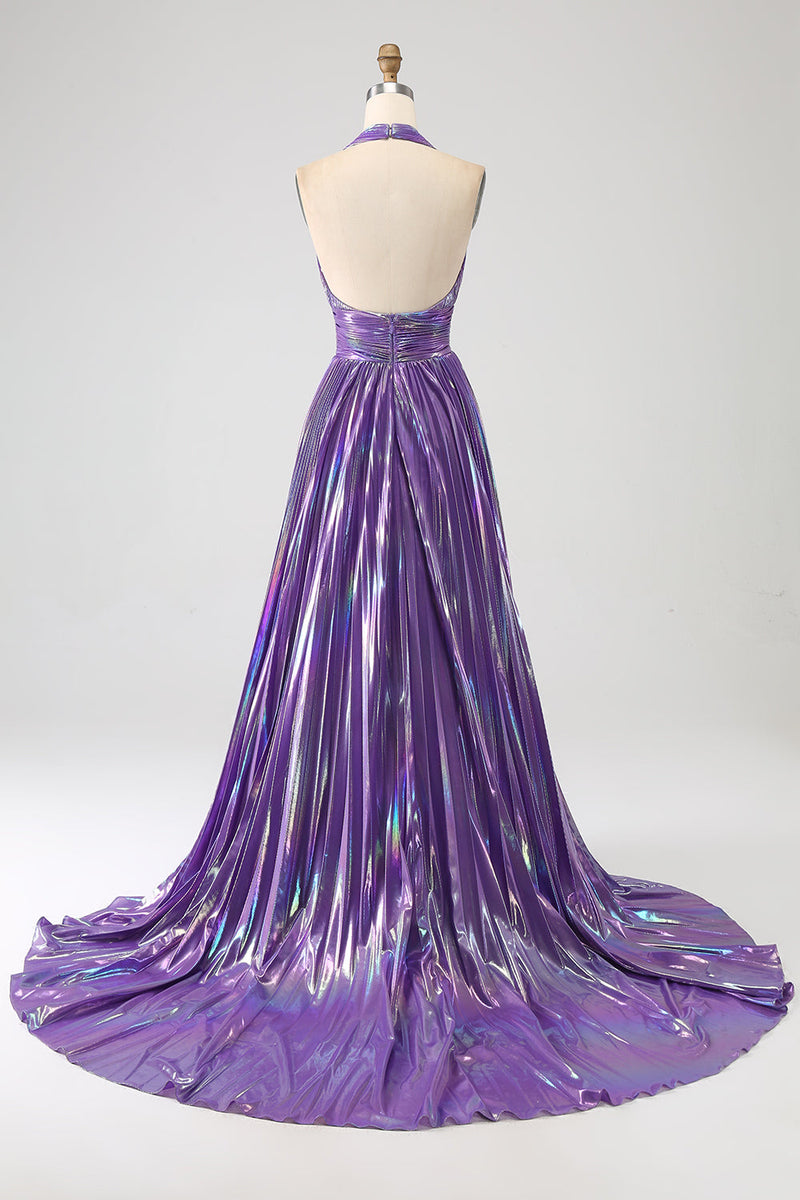 Załaduj obraz do przeglądarki galerii, Brokatowa Fioletowa Plisowana Metaliczna Długa Sukienka Na Studniówkę Z Rozcięciem