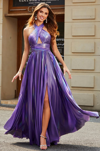 Oszałamiająca Fioletowa Długa Sukienka Na Studniówkę Z Rozcięciem
