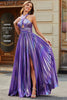 Załaduj obraz do przeglądarki galerii, Oszałamiająca Fioletowa Długa Sukienka Na Studniówkę Z Rozcięciem