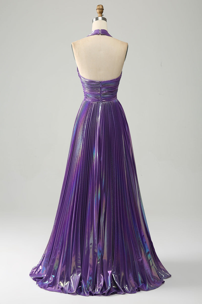 Załaduj obraz do przeglądarki galerii, Błyszcząca Fioletowa Sukienki Na Studniówke Z Wiązaniem Na Szyi