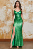 Załaduj obraz do przeglądarki galerii, Błyszcząca Syrenka Zielona Cekiny Długa Sukienka Na Studniówkę Z Rozcięciem Z Przodu