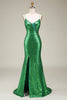 Załaduj obraz do przeglądarki galerii, Błyszcząca Syrena Ramiączka Spaghetti Zielona Cekiny Długa Sukienka Na Studniówkę Z Rozcięciem Z Przodu
