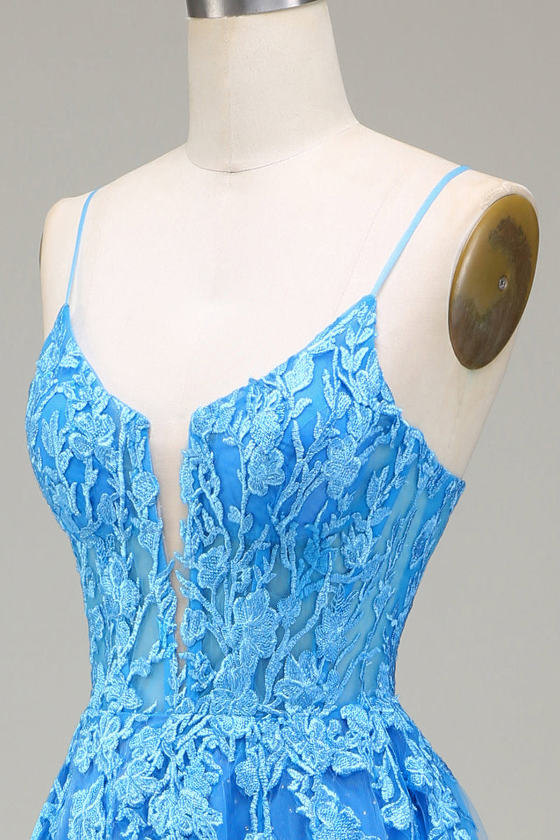 Załaduj obraz do przeglądarki galerii, Cienkich Ramiączkach Niebieska Tiulowa Sukienki Na Studniówke z Aplikacjami