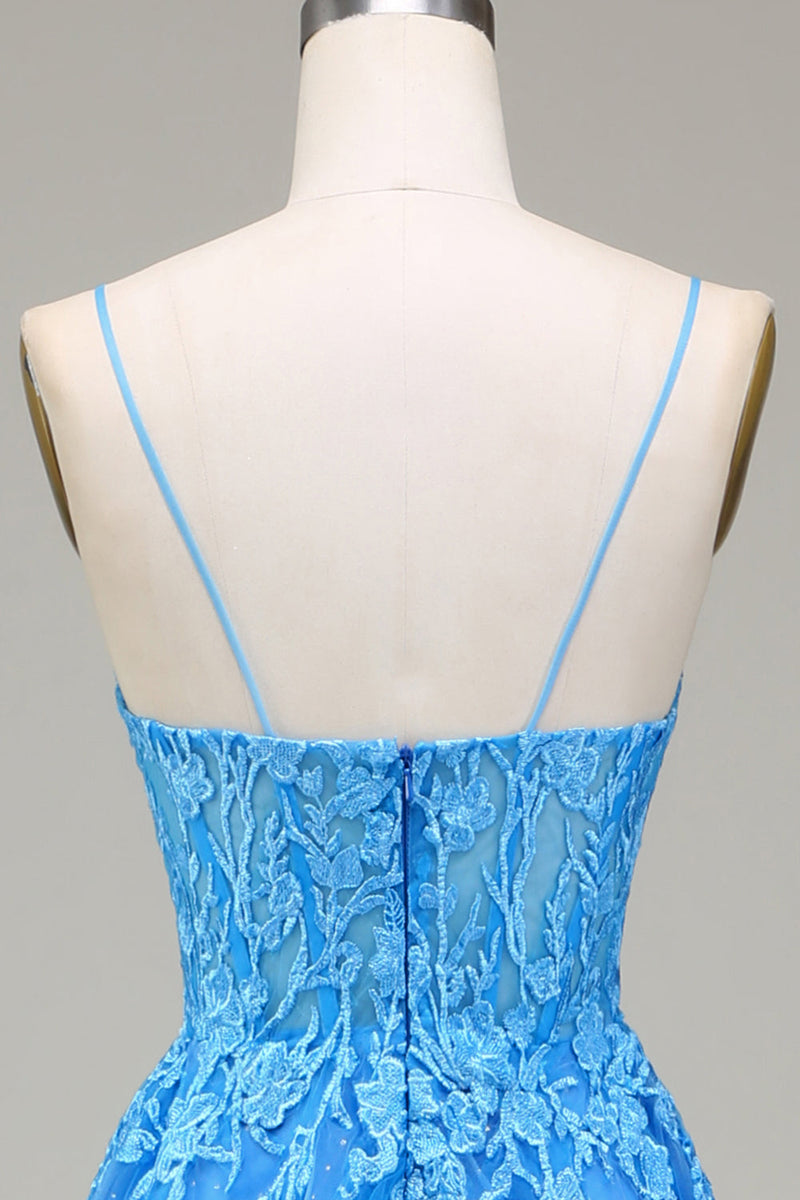 Załaduj obraz do przeglądarki galerii, Cienkich Ramiączkach Niebieska Tiulowa Sukienki Na Studniówke z Aplikacjami