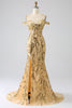 Załaduj obraz do przeglądarki galerii, Błyszcząca Złota Gorsetowa Sukienka Syrenka Na Studniówkę Z Rozcięciem