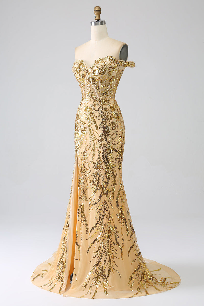 Załaduj obraz do przeglądarki galerii, Błyszcząca Złota Gorsetowa Sukienka Syrenka Na Studniówkę Z Rozcięciem