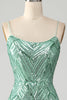 Załaduj obraz do przeglądarki galerii, Błyszczący Zielony Cekiny Sznurowane Plecy Długa Syrenka Sukienka Studniówka Z Rozcięciem