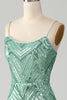 Załaduj obraz do przeglądarki galerii, Błyszczący Zielony Cekiny Sznurowane Plecy Długa Syrenka Sukienka Studniówka Z Rozcięciem