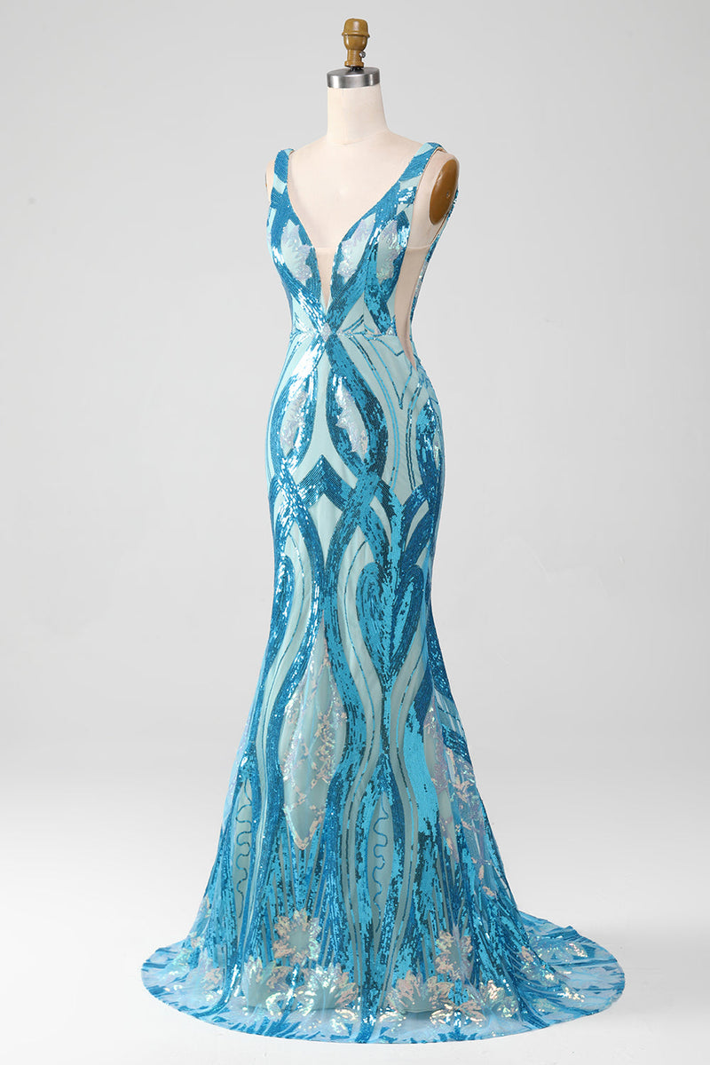 Załaduj obraz do przeglądarki galerii, Brokatowa Niebieska Sukienki Na Studniówke Z Dekoltem W Serek Z Cekinami
