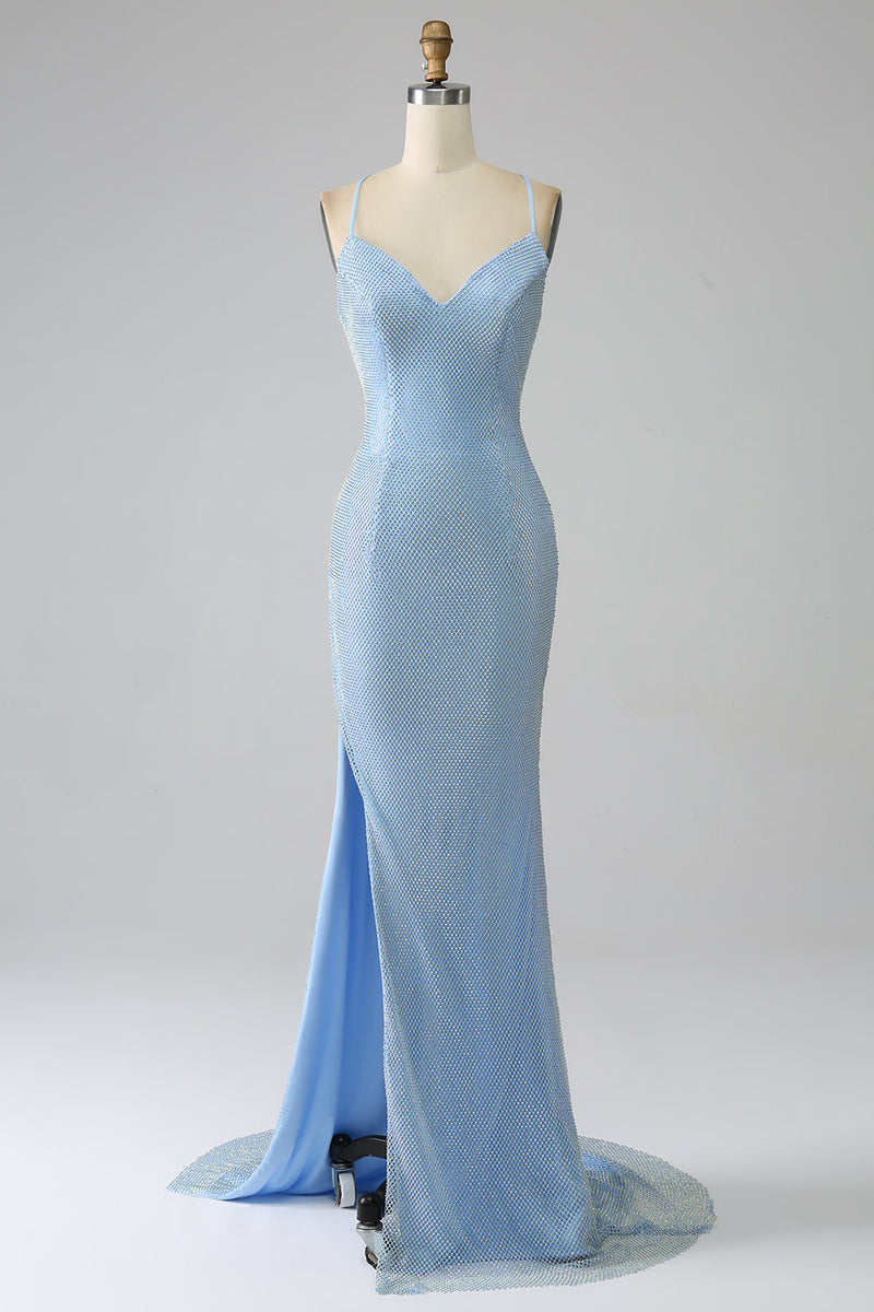 Załaduj obraz do przeglądarki galerii, Syrena Niebieska Długa Sukienka Na Studniówkę Z Rozcięciem
