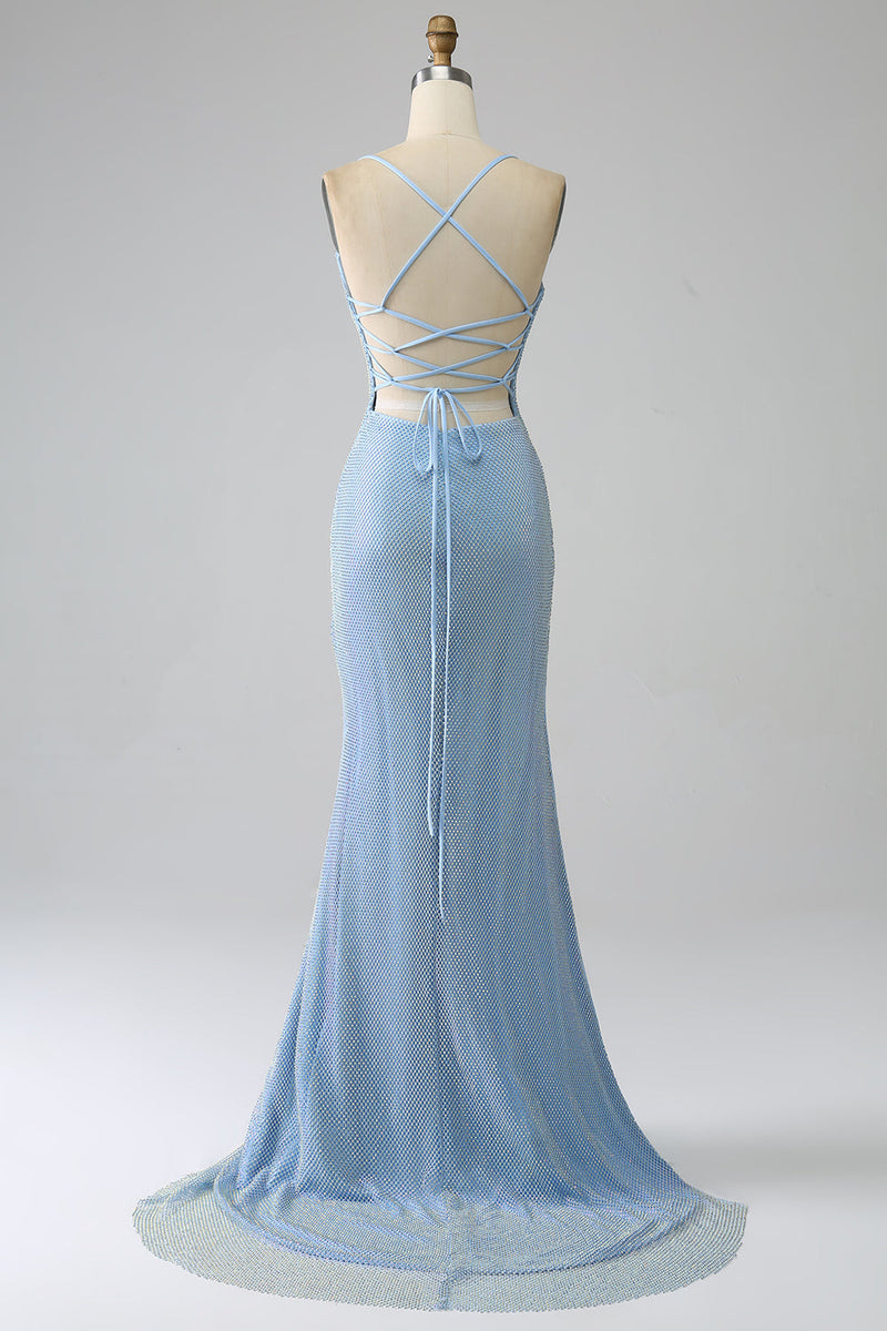 Załaduj obraz do przeglądarki galerii, Syrena Niebieska Długa Sukienka Na Studniówkę Z Rozcięciem