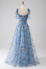 Załaduj obraz do przeglądarki galerii, Niebieski Długa Sukienka Na Studniówkę w Kształcie Litery A w Kwiaty