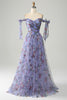 Załaduj obraz do przeglądarki galerii, Lawendowa Tiulowa Sukienki Na Studniówke Z Kwiatowym Nadrukiem Z Plisowaniem