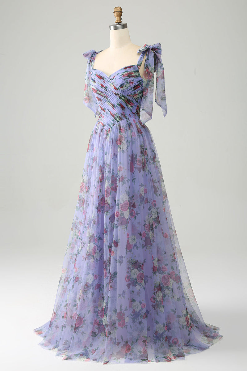 Załaduj obraz do przeglądarki galerii, Lawendowa Tiulowa Sukienki Na Studniówke Z Kwiatowym Nadrukiem Z Plisowaniem