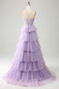 Załaduj obraz do przeglądarki galerii, Liliowa Tiulowa Sukienki Na Studniówke Z Gorsetem Księżniczki Z Aplikacjami