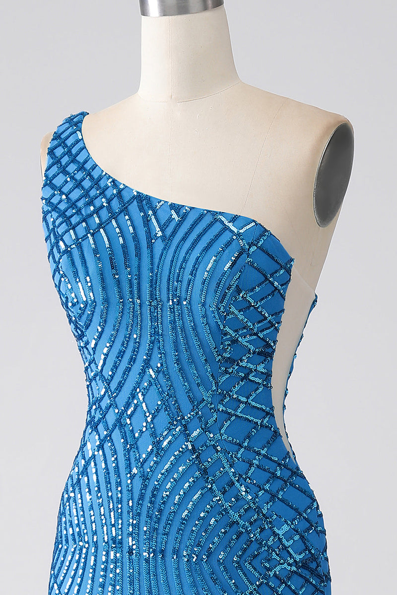 Załaduj obraz do przeglądarki galerii, Niebieska Syrenka Na Jedno Ramię Cekiny Długa Sukienki Na Studniówke