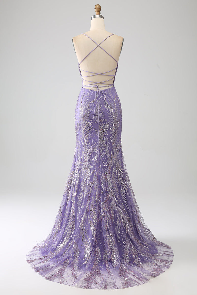 Załaduj obraz do przeglądarki galerii, Błyszcząca Liliowy Sukienka Syrena Studniówka Z Koralikami