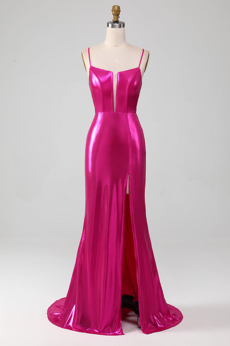 Załaduj obraz do przeglądarki galerii, Błyszcząca Gorąca Różowa Syrenka Prosta Sukienki Na Studniówke Z Rozcięciem