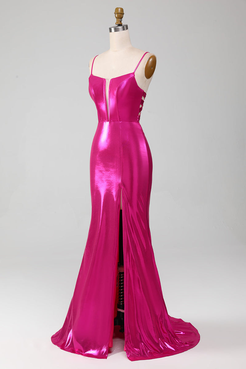 Załaduj obraz do przeglądarki galerii, Błyszcząca Gorąca Różowa Syrenka Prosta Sukienki Na Studniówke Z Rozcięciem