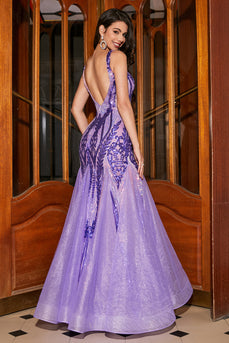 Oszałamiająca Syrenka Dekolt W Szpic Fioletowe Cekiny Długa Sukienka Na Studniówkę Z Odkrytymi Plecami