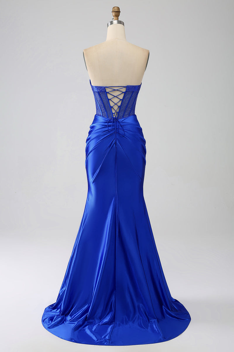 Załaduj obraz do przeglądarki galerii, Royal Blue Syrenka Gorset Bez Ramiączek Długa Sukienka Na Studniówkę Z Koralikami