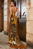 Załaduj obraz do przeglądarki galerii, Złota Syrenka Halter Brokatowa Lustrzana Sukienka Na Studniówkę Z Wysokim Rozcięciem