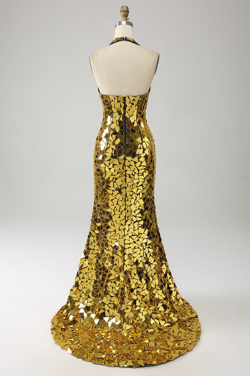 Załaduj obraz do przeglądarki galerii, Złota syrenka Halter Głęboki dekolt w szpic Wstecz Lustrzana sukienka na studniówkę z wysokim rozcięciem