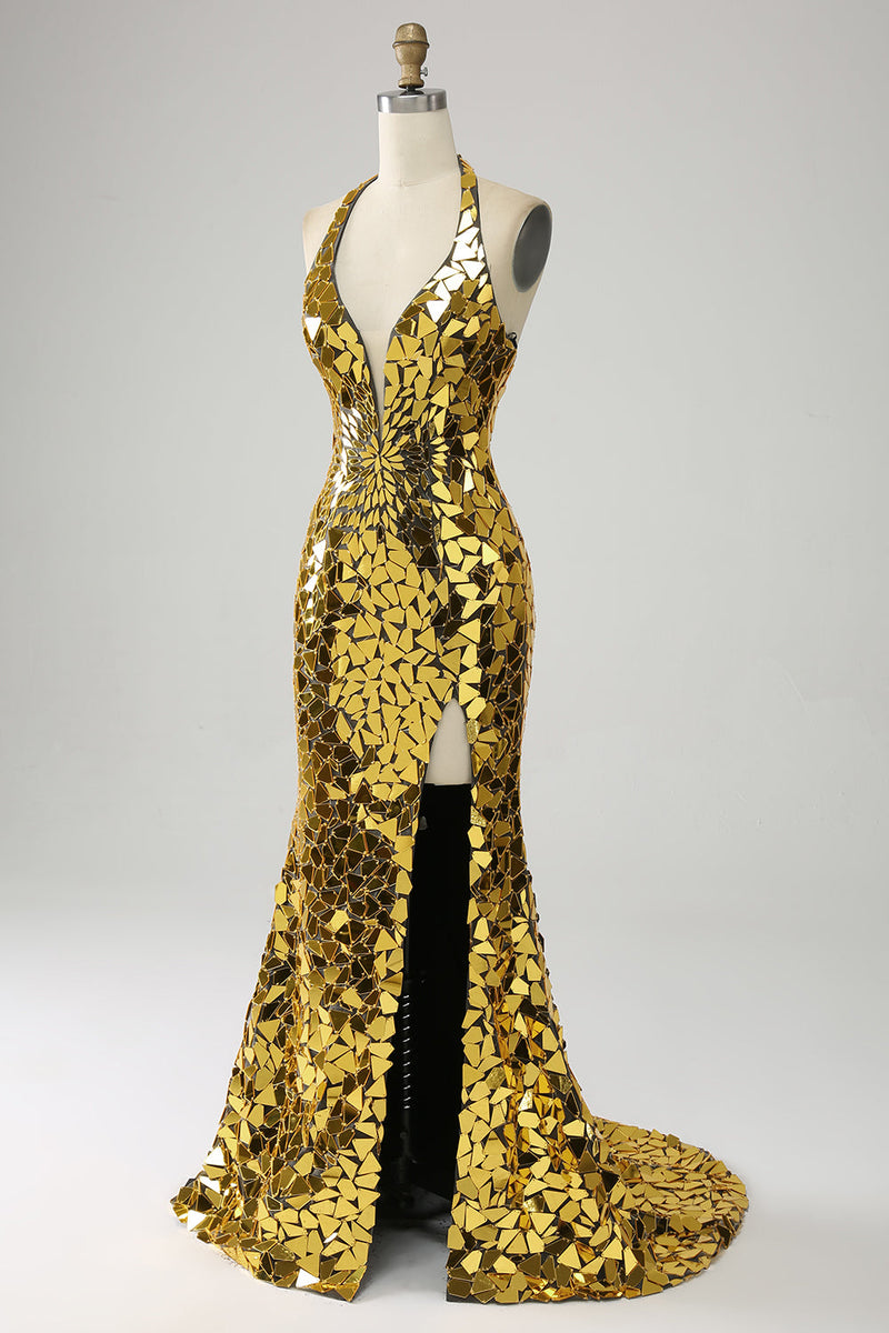 Załaduj obraz do przeglądarki galerii, Złota syrenka Halter Głęboki dekolt w szpic Wstecz Lustrzana sukienka na studniówkę z wysokim rozcięciem