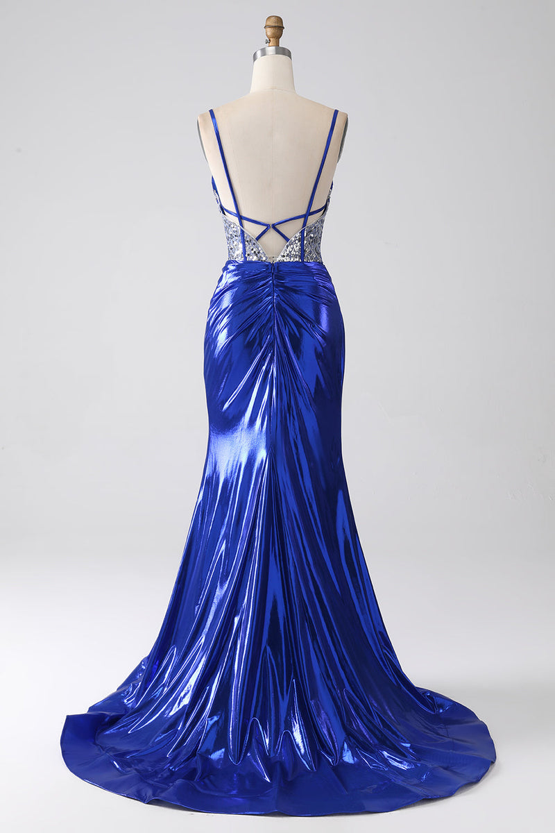 Załaduj obraz do przeglądarki galerii, Royal Blue Mermaid Błyszcząca Cekinowa Plisowana Gorset Sukienka Na Studniówkę Z Rozcięciem